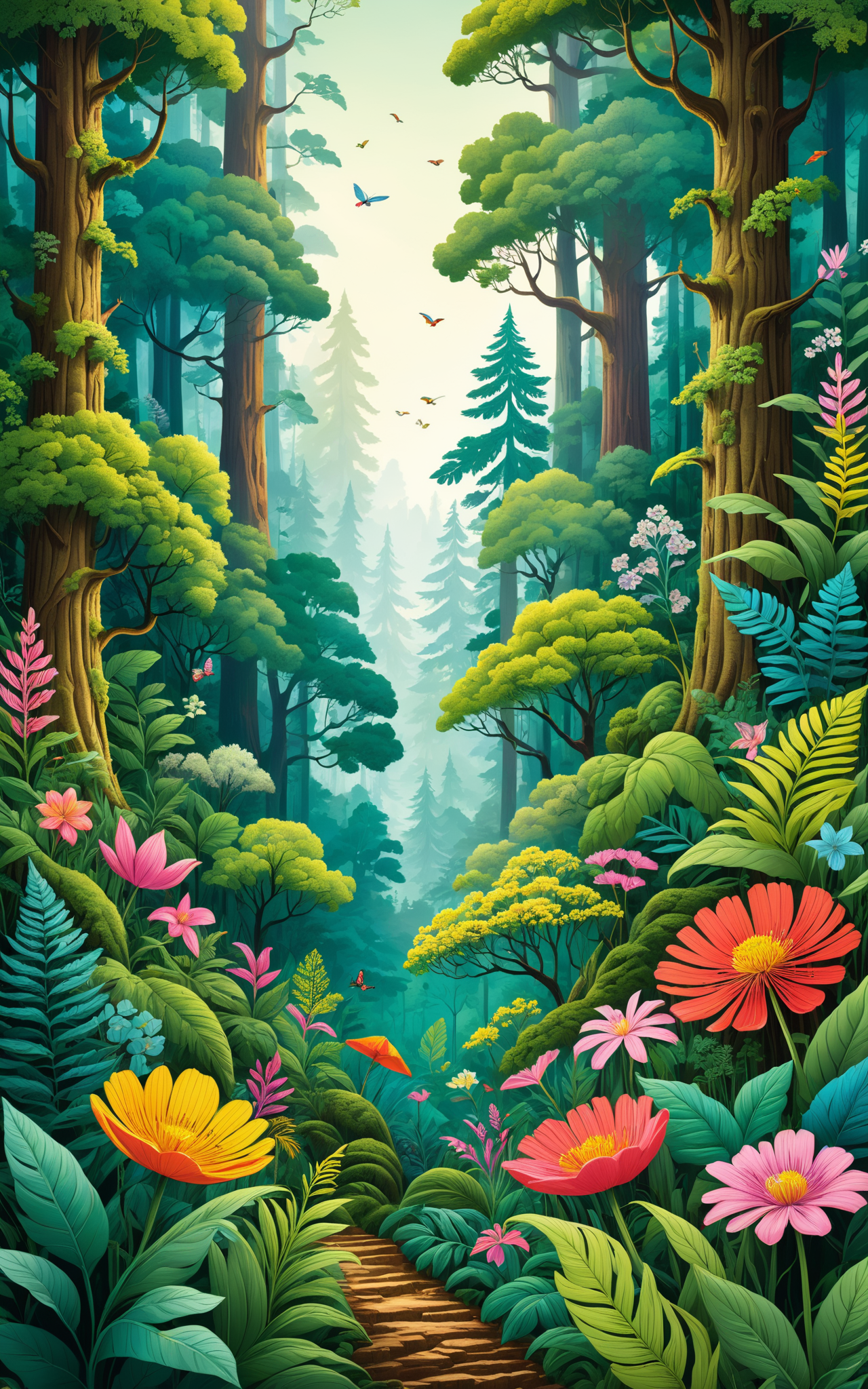 05728-4107544860-Explore the vibrant colors and intricate details of a lush forest in this nature-inspired illustration. From the towering trees.png